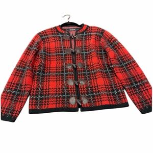 Crystal Kobe Red Plaid Cardigan with Faux Leather Toggle Closures Sz: PS